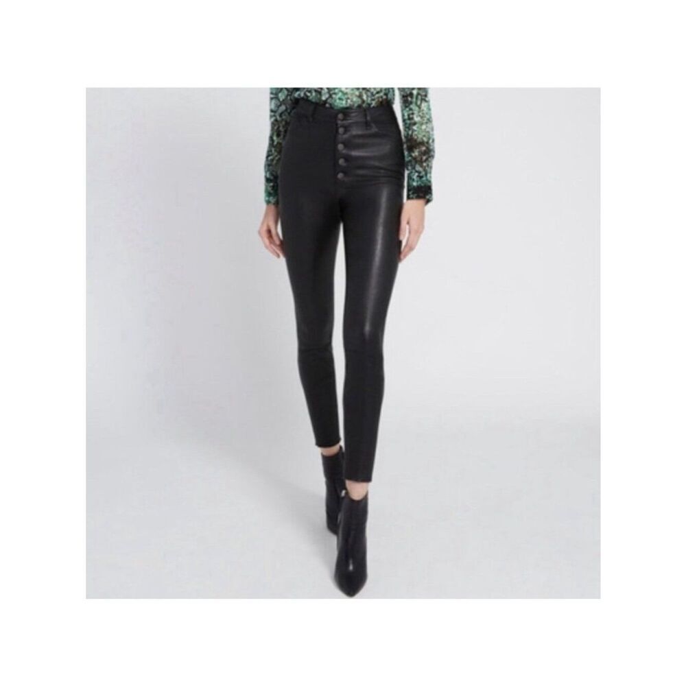 alice olivia solid black lamb leather high rise skinny pants 5 button Front 0 Xs